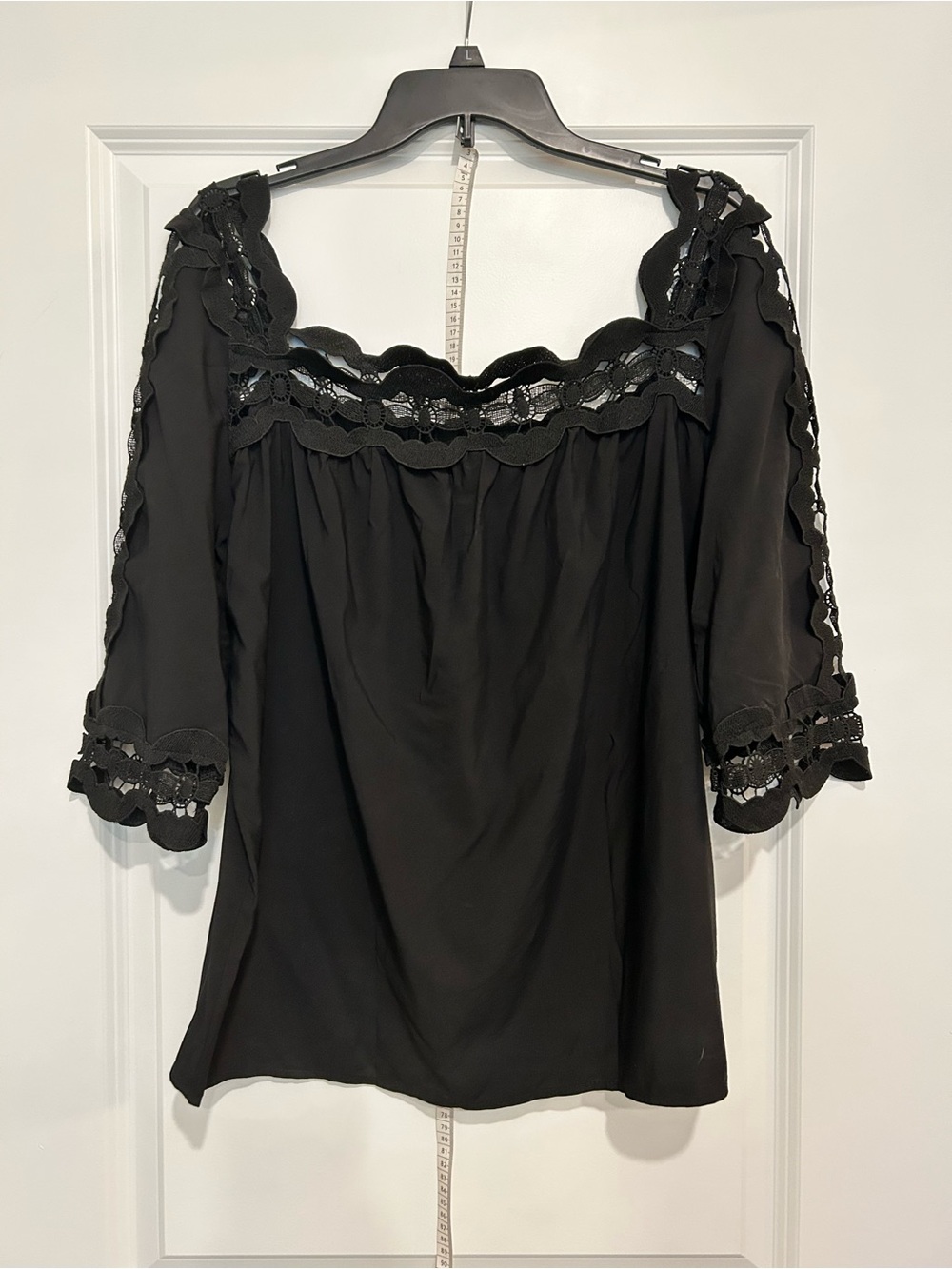 Black Lace Trim Tunic Blouse Size L Sheer 3/4 Sleeve Boho Top